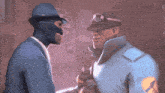 a man in a mask is talking to another man in a blue uniform
