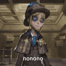 a girl in a suit and hat is standing in a room with the words honono written on the bottom .
