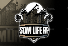 a logo for som life rp shows a city with palm trees and a crane