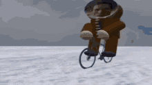 a cartoon character is riding a bike on a snowy field .