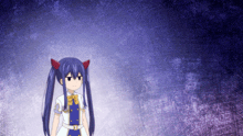 a girl with blue hair and pigtails is standing in front of a blue background