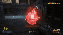 a video game is being played with a skull in the background