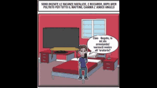 a cartoon of a man in a bedroom talking on a cell phone