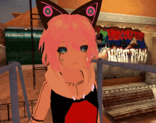 a girl with pink hair is standing in front of a mosquito trip sign