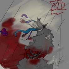 a drawing of a wolf with a blue tongue sticking out and the word md written on the bottom