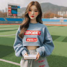 a girl wearing a blue sweater that says sbobet on it
