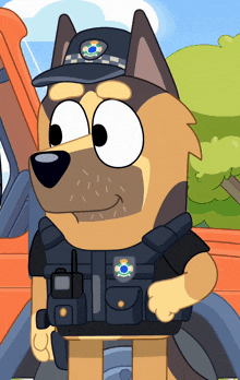 a cartoon dog in a police uniform is standing next to an orange car