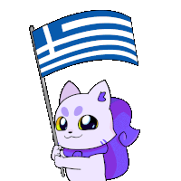a cartoon cat holding a greek flag with the letter b on it