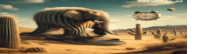 a painting of an elephant in the desert with a clock in the background .