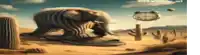 a painting of an elephant in the desert with a clock in the background .