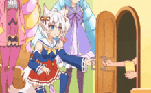 a group of anime characters standing around a door