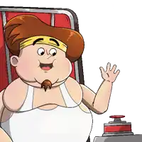 a cartoon drawing of a man sitting in a chair waving