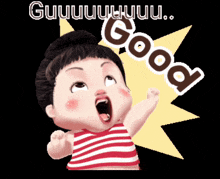 a cartoon of a girl with her mouth open and the word good behind her