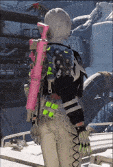 a woman in a futuristic outfit has a pink gun on her shoulder