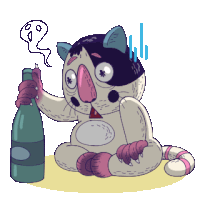 a cartoon cat is sitting down holding a bottle of wine