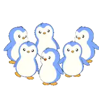 a group of blue and white penguins standing next to the word hi-ne