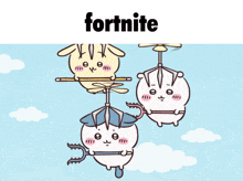 a cartoon of three animals flying in the air with the word fortnite above them