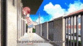 a girl is standing in a hallway with the words " the great archdemon satanichia is here "