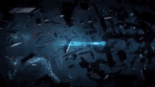 a blue light is coming out of a broken glass wall .