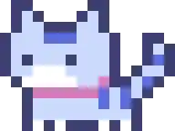 a pixel art of a blue cat with a pink scarf around its neck .