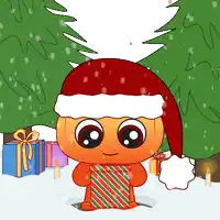 a cartoon character is wearing a santa hat and holding a gift box