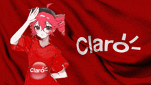 a drawing of a girl wearing a red claro shirt