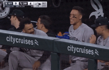 a group of ny yankees players sitting in the dugout