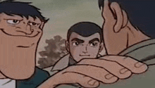 a cartoon of a man holding another man 's hand and talking to him .
