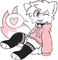 a cartoon cat is wearing a pink hoodie and black socks .