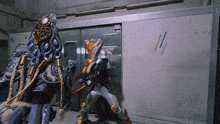 a man in a superhero costume is holding a sword in front of a door with the number 11 on it