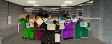 a group of people are standing in a hallway and one of them is wearing a face mask