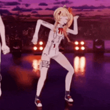 a 3d anime girl is dancing on a stage in front of a microphone .