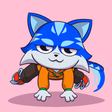 a cartoon drawing of a blue cat with a hoodie on