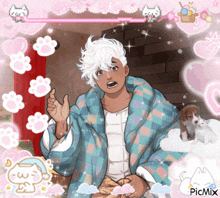 a picture of a man in a plaid blanket with a puppy and a cat on a pink background with the picmix logo