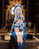 a girl in a blue and white outfit is standing in front of a sign that says nopengoo