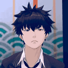 a close up of a person 's face with black hair and red eyes