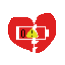 a pixel art illustration of a broken heart with a yellow warning sign