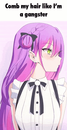a picture of a girl with purple hair and a caption that says comb my hair like i 'm a gangster .