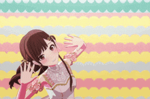 a girl in a pink and white dress is waving her hand in front of a colorful background
