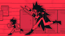 a cartoon character is holding a sword in front of a red background