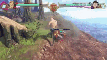 a man is fighting another man in a video game while standing on a hill .