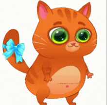a cat with a blue bow on its tail