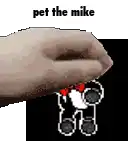 a pixel art of a hand holding a toy car with the words pet the mike written above it .