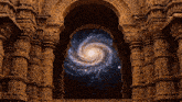 a galaxy is visible through an archway in a temple