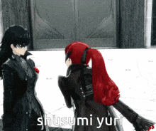 two anime characters are standing next to each other and the word shusumi yuri is on the bottom right
