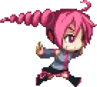 a pixel art drawing of a girl with pink hair and headphones