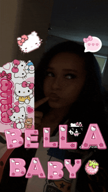 a picture of a girl with hello kitty stickers on it