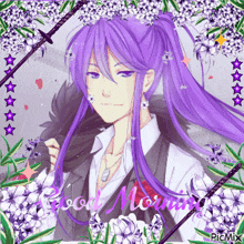 a picture of a man with long purple hair and the words good morning on the bottom