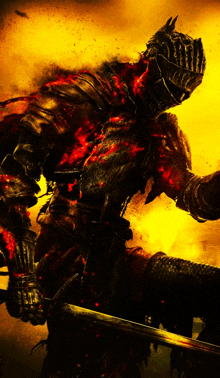 a knight with a sword and a helmet is surrounded by flames