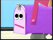a purple mailbox with big eyes and a red letter t